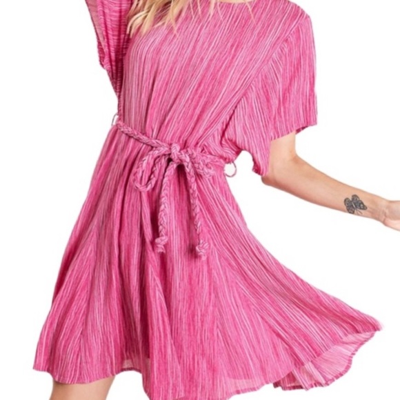 New! Clearance 🔥 Fuchsia Pink Braided Waist Rope Flutter Sleeve Dress - Picture 4 of 4
